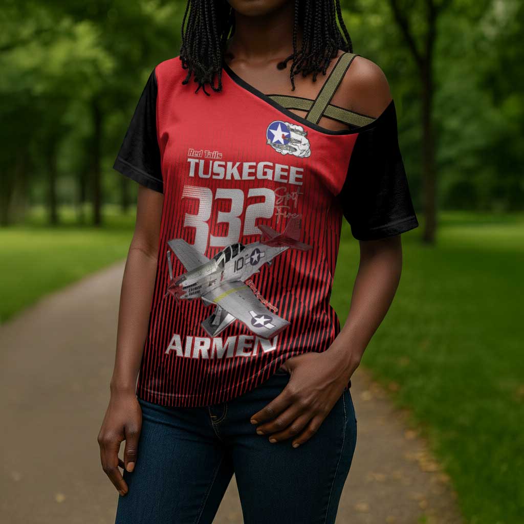 Tuskegee Red Tails Airmen Cross Shoulder Shirt P-51 Mustang 332nd Fighter Group - Black Red