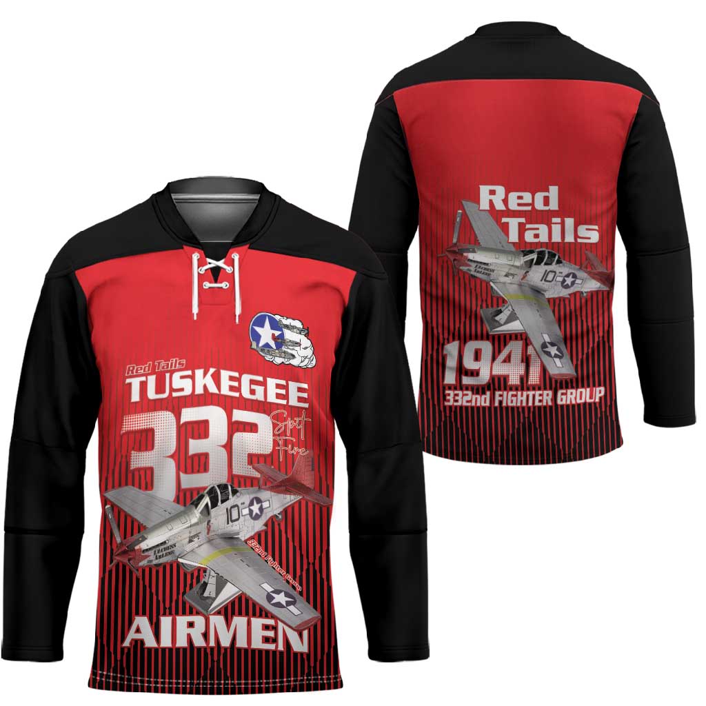 Tuskegee Red Tails Airmen Hockey Jersey P-51 Mustang 332nd Fighter Group - Black Red