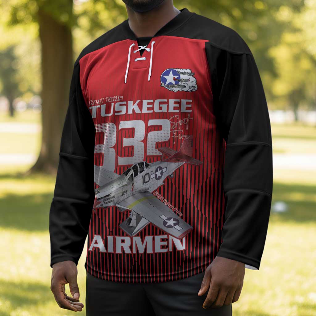 Tuskegee Red Tails Airmen Hockey Jersey P-51 Mustang 332nd Fighter Group - Black Red