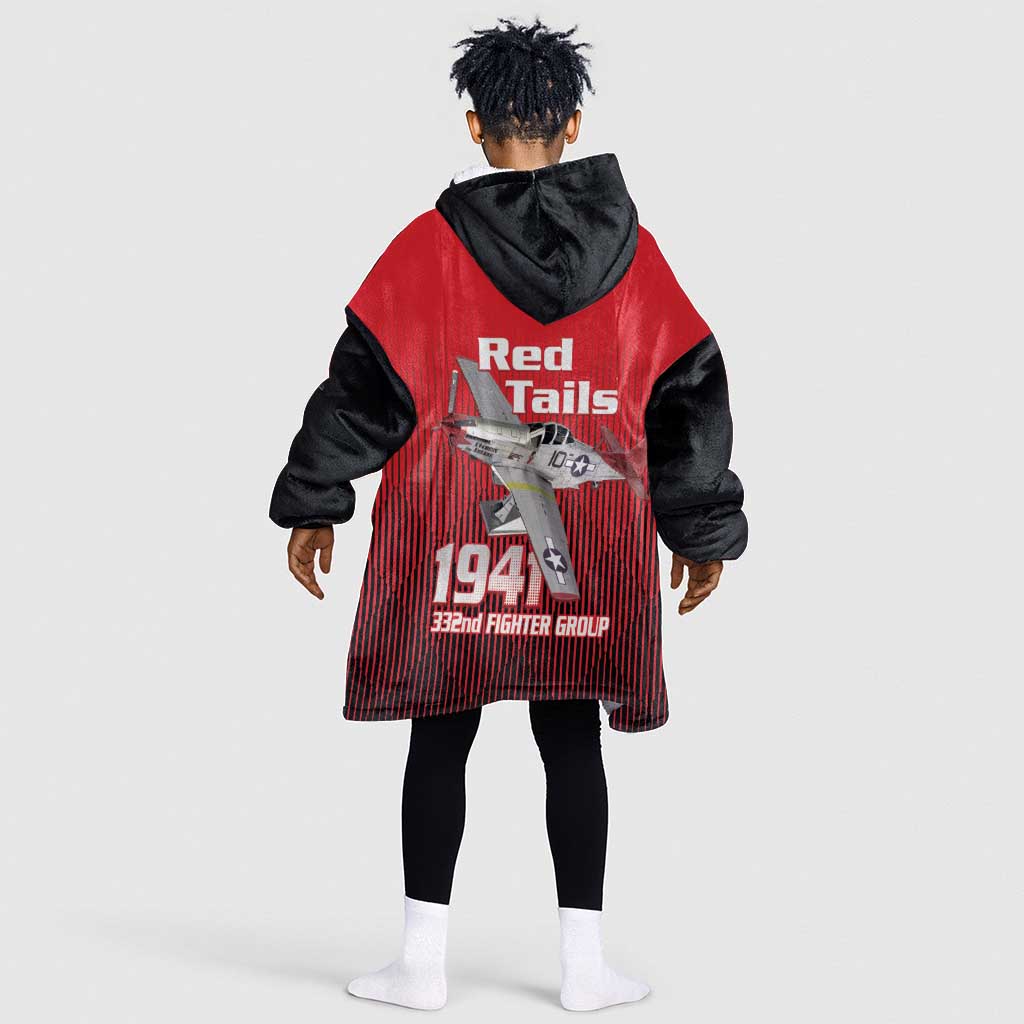 Tuskegee Red Tails Airmen Kid Wearable Blanket Hoodie 332nd Fighter Group - Black Red - African Pride