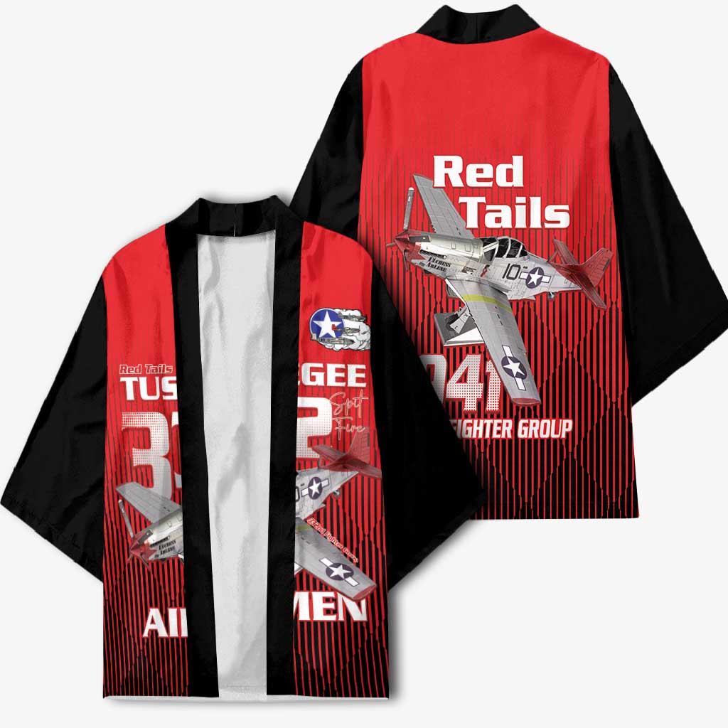 Tuskegee Red Tails Airmen Kimono P-51 Mustang 332nd Fighter Group - Black Red