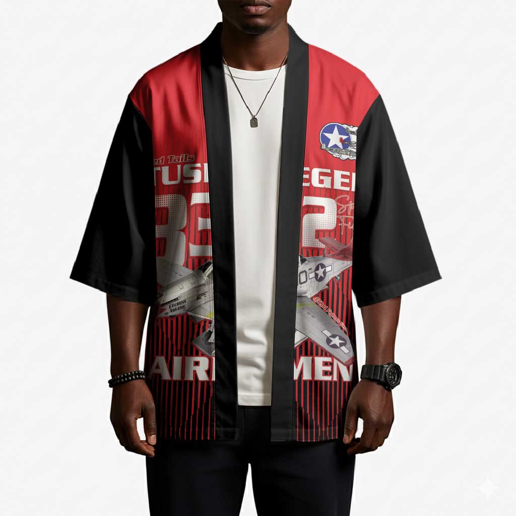 Tuskegee Red Tails Airmen Kimono P-51 Mustang 332nd Fighter Group - Black Red