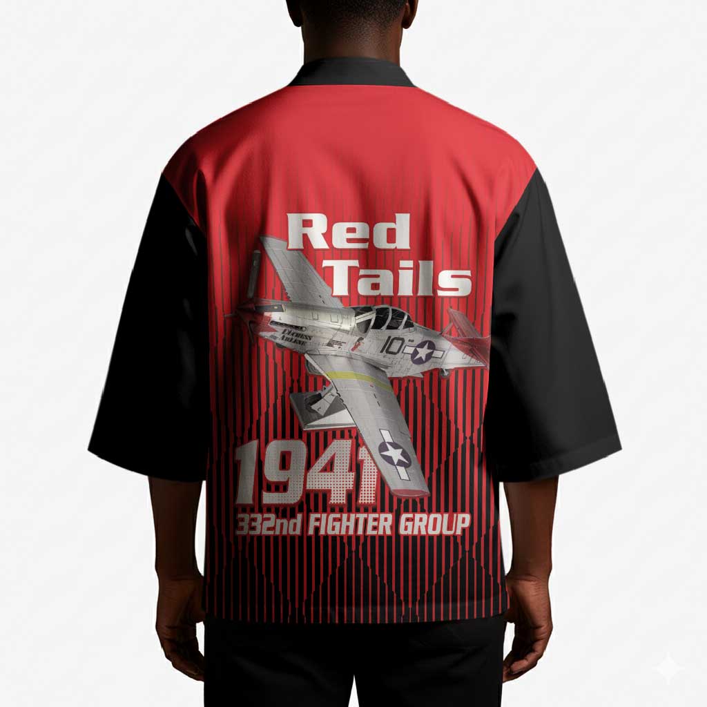 Tuskegee Red Tails Airmen Kimono P-51 Mustang 332nd Fighter Group - Black Red