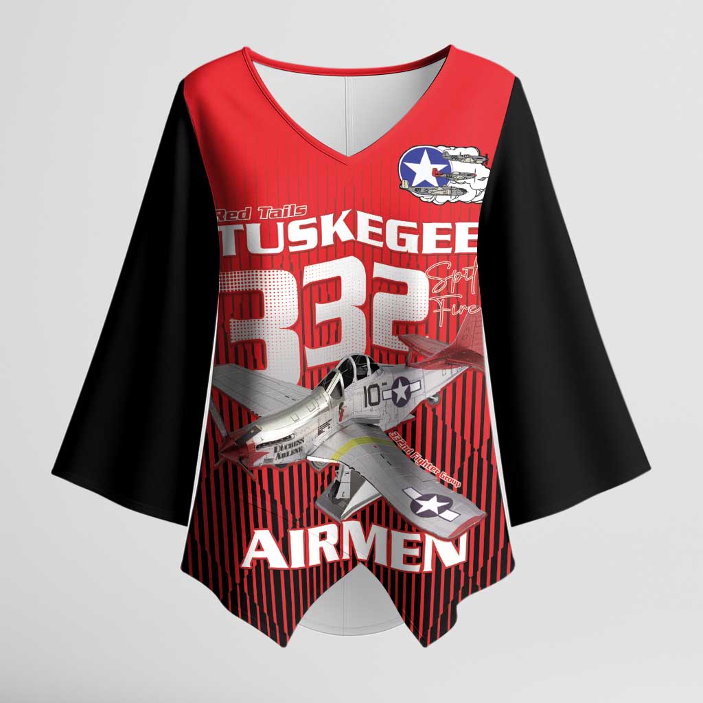 Tuskegee Red Tails Airmen Kimono Sleeve Blouse P-51 Mustang 332nd Fighter Group - Black Red