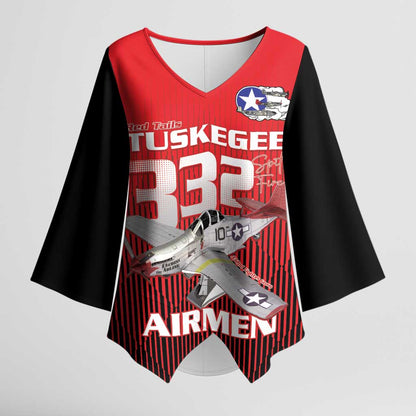 Tuskegee Red Tails Airmen Kimono Sleeve Blouse P-51 Mustang 332nd Fighter Group - Black Red