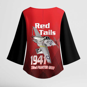 Tuskegee Red Tails Airmen Kimono Sleeve Blouse P-51 Mustang 332nd Fighter Group - Black Red