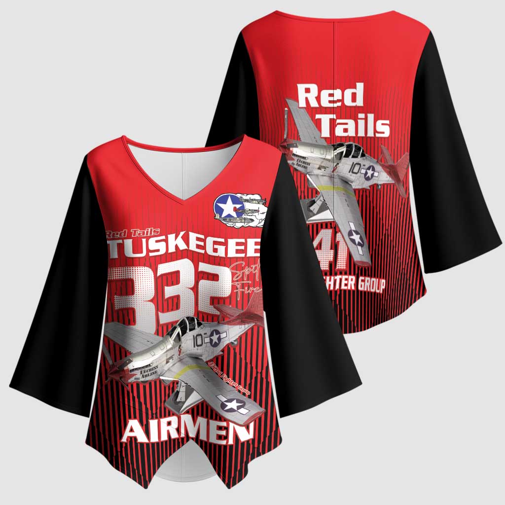 Tuskegee Red Tails Airmen Kimono Sleeve Blouse P-51 Mustang 332nd Fighter Group - Black Red