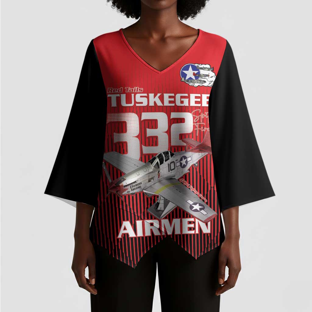 Tuskegee Red Tails Airmen Kimono Sleeve Blouse P-51 Mustang 332nd Fighter Group - Black Red