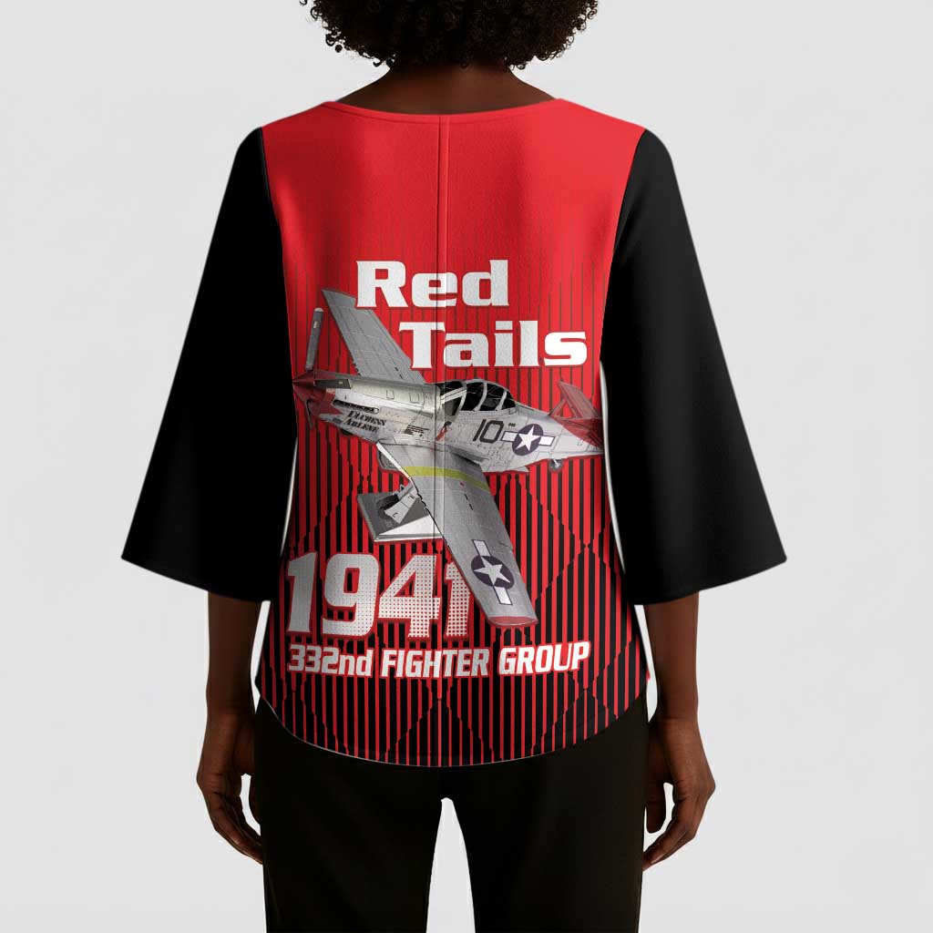 Tuskegee Red Tails Airmen Kimono Sleeve Blouse P-51 Mustang 332nd Fighter Group - Black Red