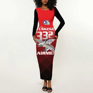 Tuskegee Red Tails Airmen Long Sleeve Bodycon Dress 332nd Fighter Group - Black Red - African Pride
