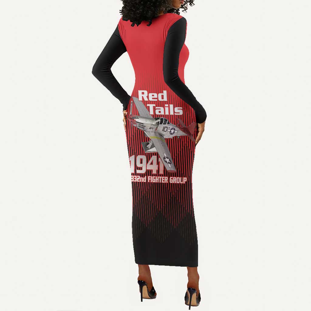 Tuskegee Red Tails Airmen Long Sleeve Bodycon Dress 332nd Fighter Group - Black Red - African Pride