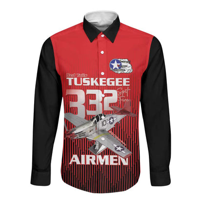 Tuskegee Red Tails Airmen Long Sleeve Button Shirt 332nd Fighter Group - Black Red - African Pride