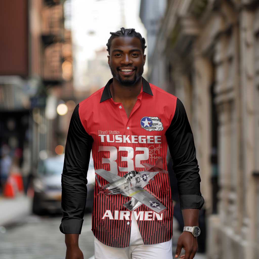 Tuskegee Red Tails Airmen Long Sleeve Button Shirt 332nd Fighter Group - Black Red - African Pride