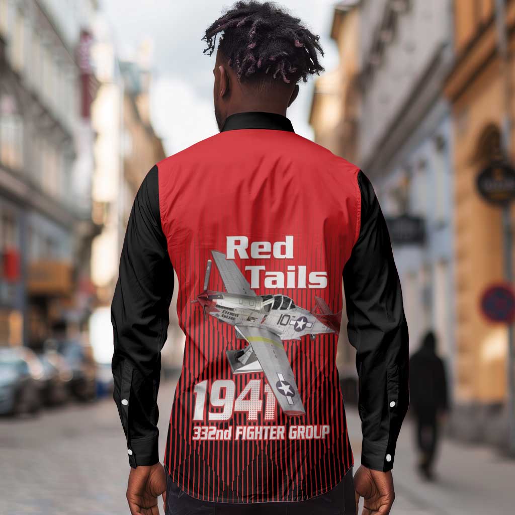 Tuskegee Red Tails Airmen Long Sleeve Button Shirt 332nd Fighter Group - Black Red - African Pride