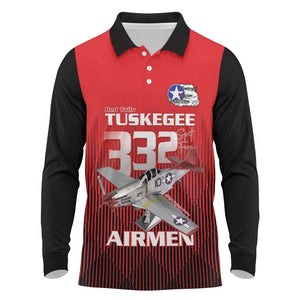 Tuskegee Red Tails Airmen Long Sleeve Polo Shirt 332nd Fighter Group - Black Red - African Pride