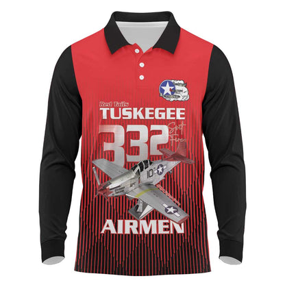 Tuskegee Red Tails Airmen Long Sleeve Polo Shirt 332nd Fighter Group - Black Red - African Pride