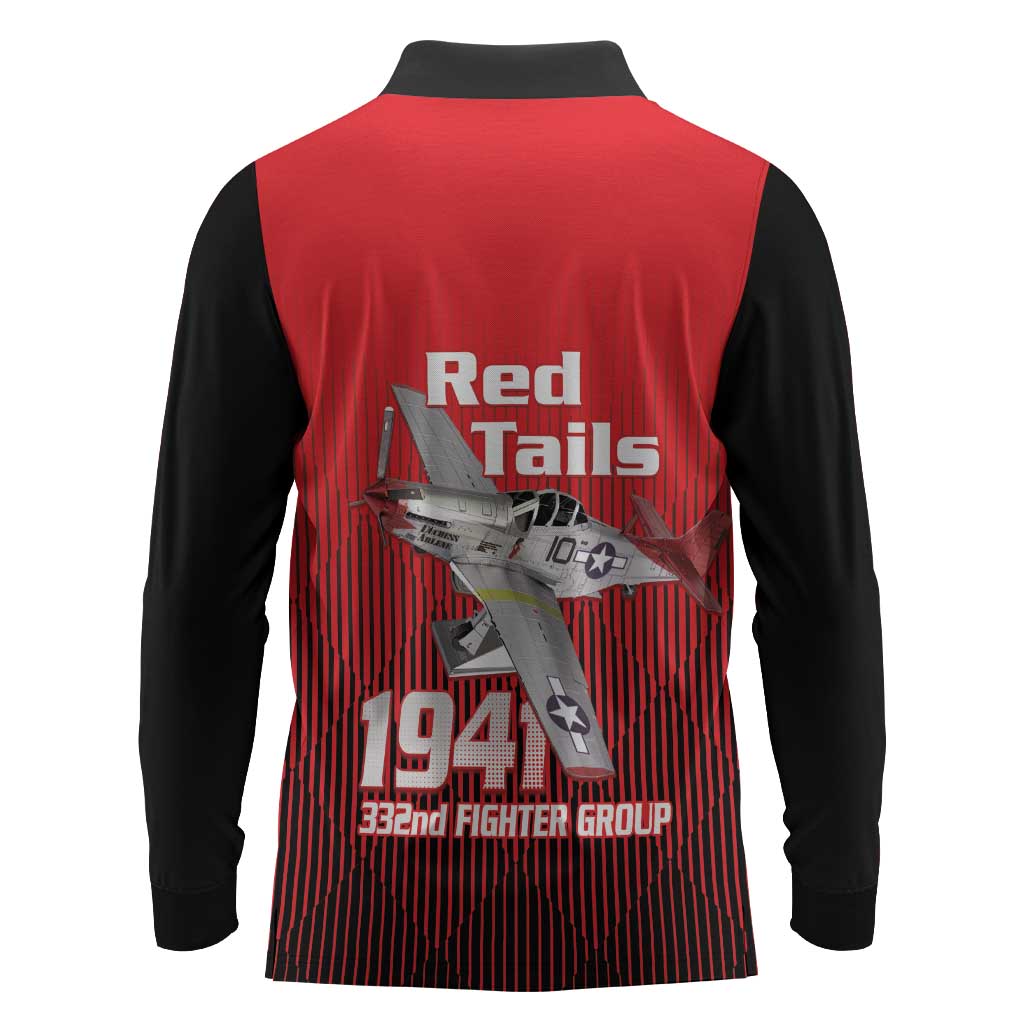 Tuskegee Red Tails Airmen Long Sleeve Polo Shirt 332nd Fighter Group - Black Red - African Pride