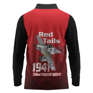 Tuskegee Red Tails Airmen Long Sleeve Polo Shirt 332nd Fighter Group - Black Red - African Pride