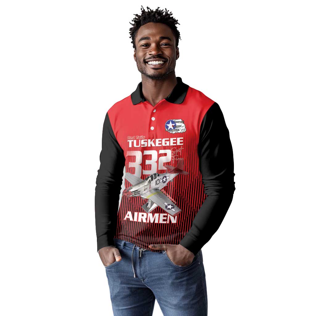 Tuskegee Red Tails Airmen Long Sleeve Polo Shirt 332nd Fighter Group - Black Red - African Pride