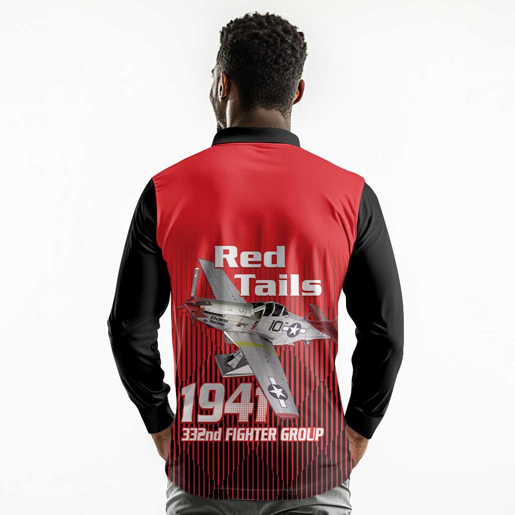 Tuskegee Red Tails Airmen Long Sleeve Polo Shirt 332nd Fighter Group - Black Red - African Pride