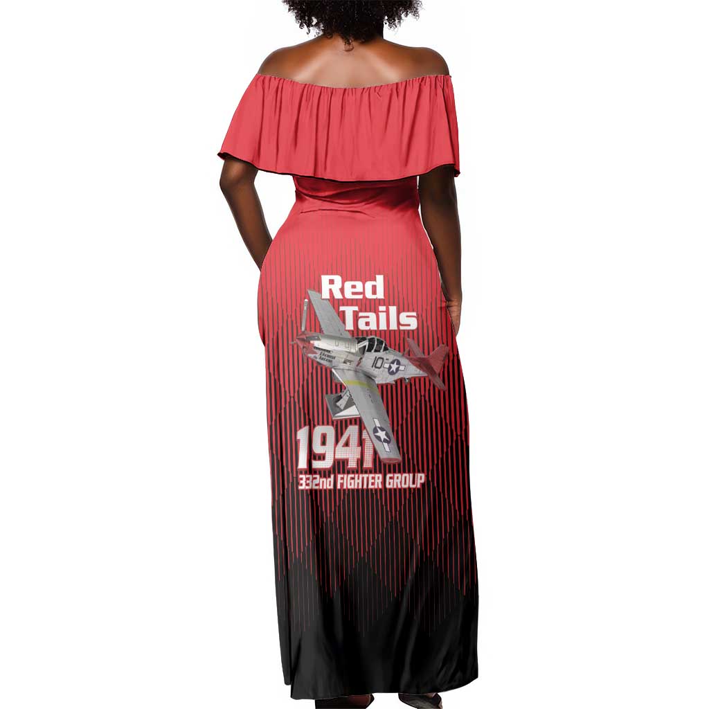 Tuskegee Red Tails Airmen Off Shoulder Maxi Dress 332nd Fighter Group - Black Red - African Pride