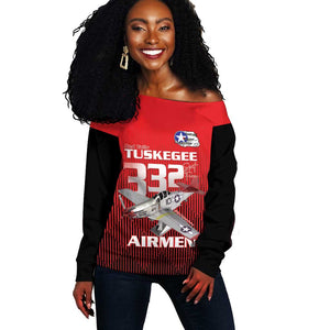 Tuskegee Red Tails Airmen Off Shoulder Sweater 332nd Fighter Group - Black Red - African Pride