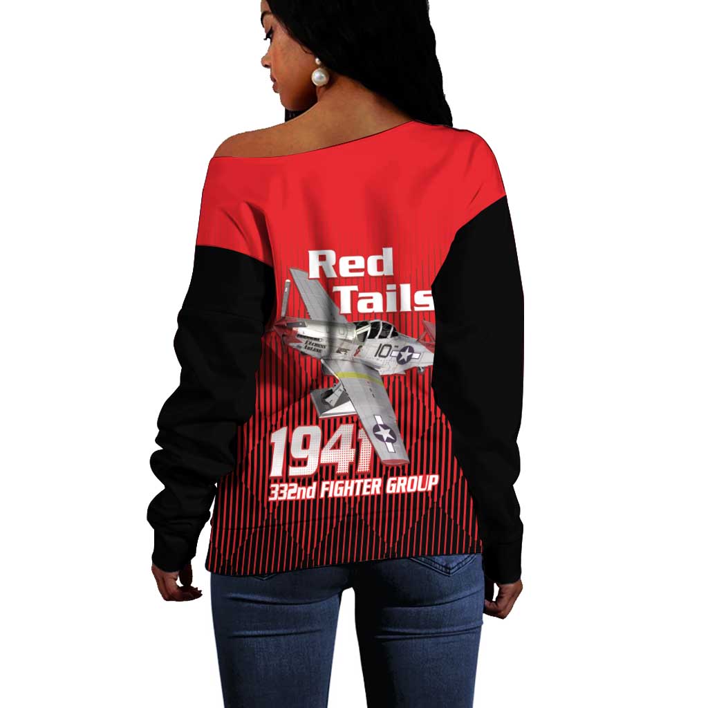 Tuskegee Red Tails Airmen Off Shoulder Sweater 332nd Fighter Group - Black Red - African Pride