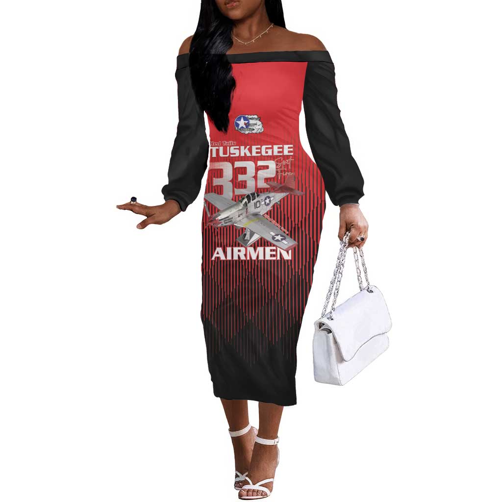 Tuskegee Red Tails Airmen Off The Shoulder Long Sleeve Dress 332nd Fighter Group - Black Red - African Pride
