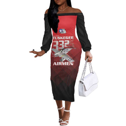 Tuskegee Red Tails Airmen Off The Shoulder Long Sleeve Dress 332nd Fighter Group - Black Red - African Pride
