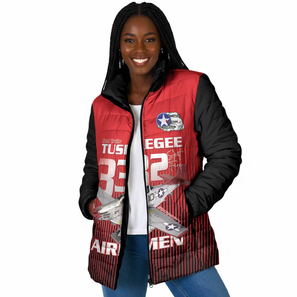 Tuskegee Red Tails Airmen Padded Jacket P-51 Mustang 332nd Fighter Group - Black Red