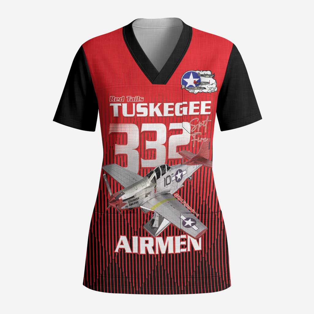 Tuskegee Red Tails Airmen Scrub Top P-51 Mustang 332nd Fighter Group - Black Red - African Pride