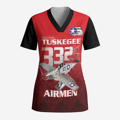 Tuskegee Red Tails Airmen Scrub Top P-51 Mustang 332nd Fighter Group - Black Red - African Pride