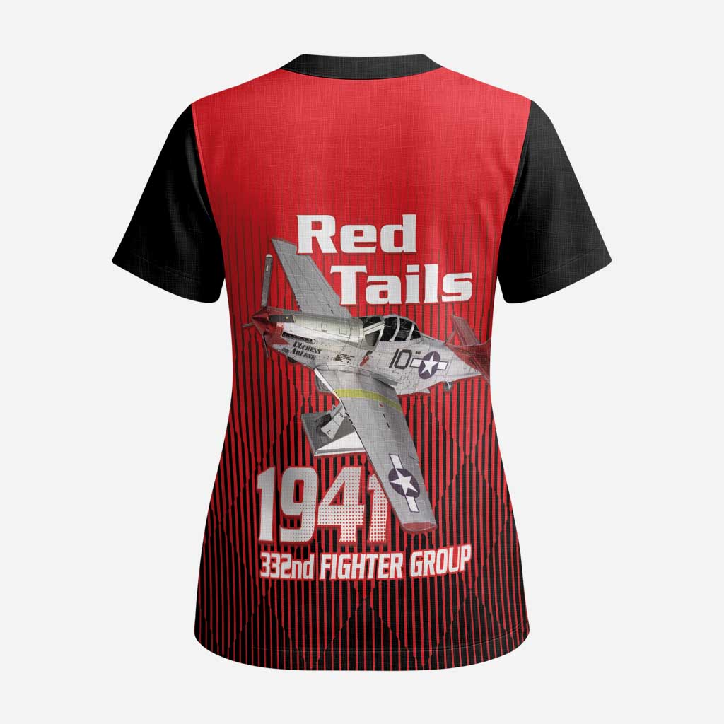 Tuskegee Red Tails Airmen Scrub Top P-51 Mustang 332nd Fighter Group - Black Red - African Pride