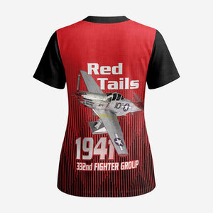 Tuskegee Red Tails Airmen Scrub Top P-51 Mustang 332nd Fighter Group - Black Red - African Pride