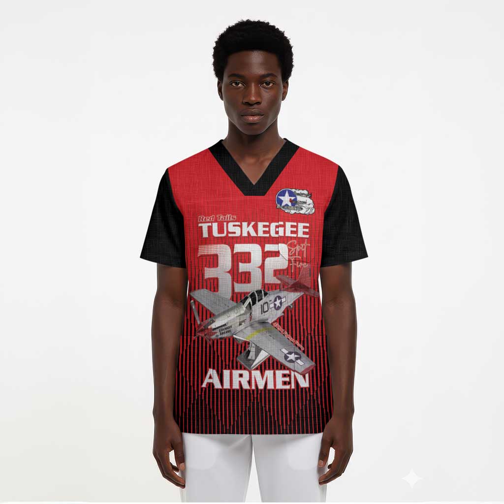Tuskegee Red Tails Airmen Scrub Top P-51 Mustang 332nd Fighter Group - Black Red - African Pride