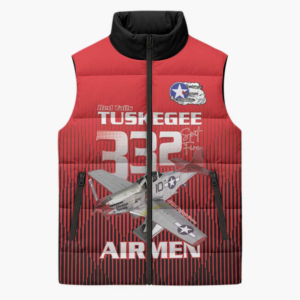 Tuskegee Red Tails Airmen Sleeveless Puffer Jacket P-51 Mustang 332nd Fighter Group - Black Red