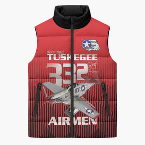 Tuskegee Red Tails Airmen Sleeveless Puffer Jacket P-51 Mustang 332nd Fighter Group - Black Red