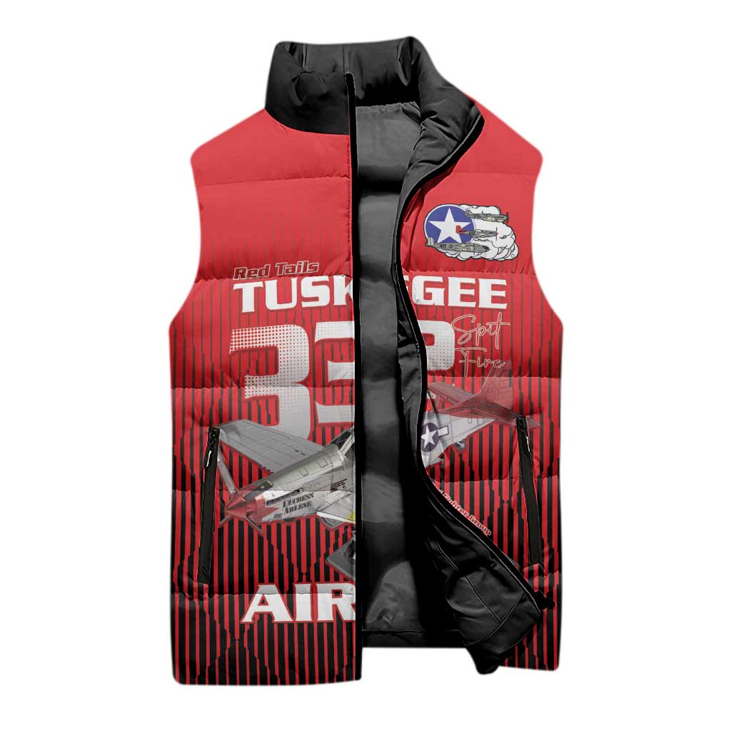 Tuskegee Red Tails Airmen Sleeveless Puffer Jacket P-51 Mustang 332nd Fighter Group - Black Red