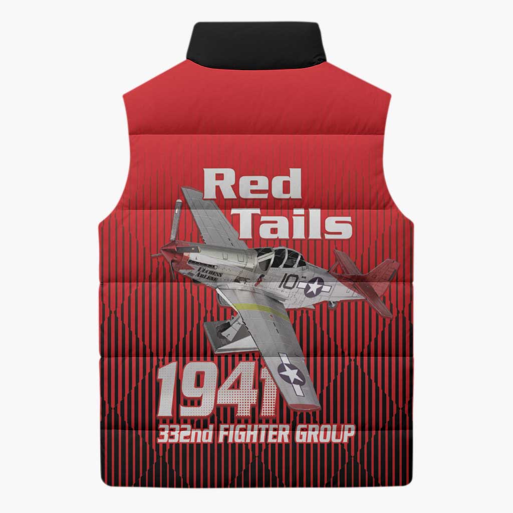 Tuskegee Red Tails Airmen Sleeveless Puffer Jacket P-51 Mustang 332nd Fighter Group - Black Red