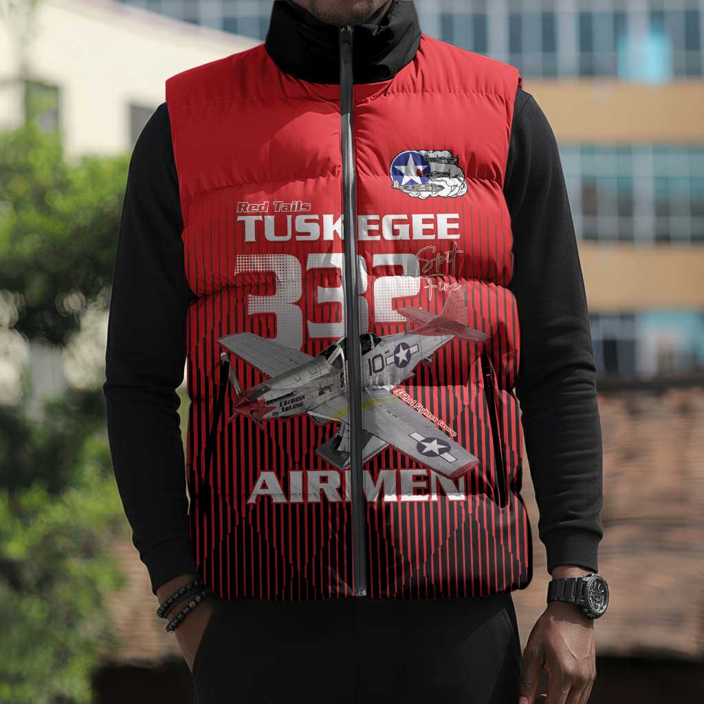 Tuskegee Red Tails Airmen Sleeveless Puffer Jacket P-51 Mustang 332nd Fighter Group - Black Red