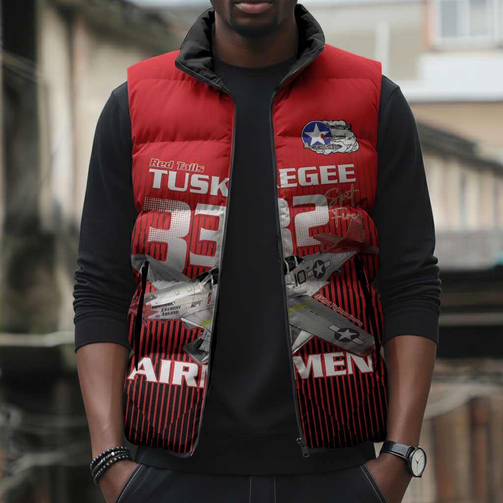 Tuskegee Red Tails Airmen Sleeveless Puffer Jacket P-51 Mustang 332nd Fighter Group - Black Red