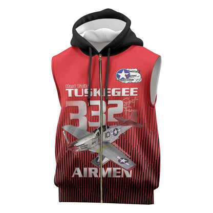 Tuskegee Red Tails Airmen Sleeveless Zip Hoodie 332nd Fighter Group - Black Red - African Pride