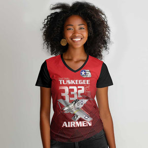 Tuskegee Red Tails Airmen Women V-Neck T-Shirt 332nd Fighter Group - Black Red - African Pride