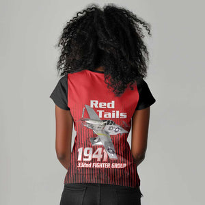 Tuskegee Red Tails Airmen Women V-Neck T-Shirt 332nd Fighter Group - Black Red - African Pride