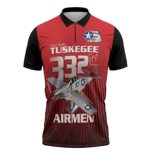 Tuskegee Red Tails Airmen Zipper Polo Shirt P-51 Mustang 332nd Fighter Group - Black Red