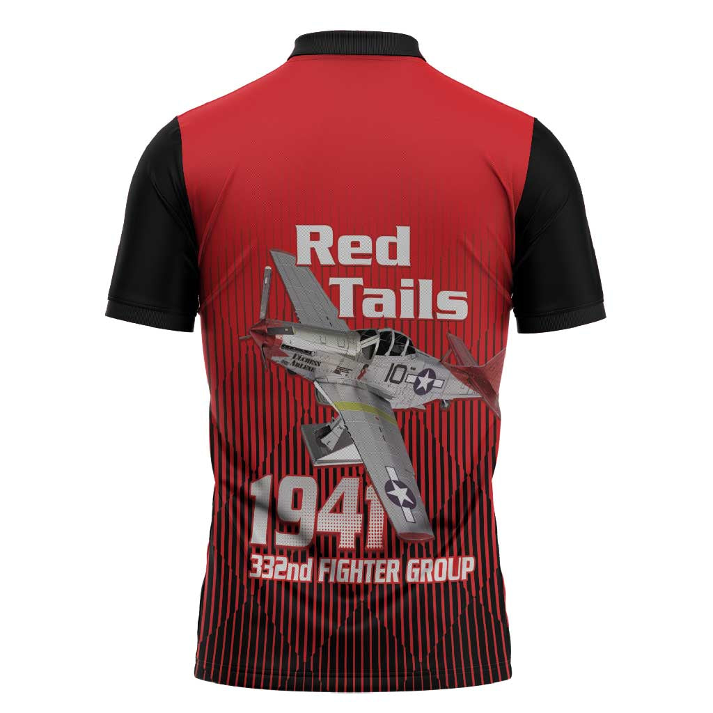 Tuskegee Red Tails Airmen Zipper Polo Shirt P-51 Mustang 332nd Fighter Group - Black Red