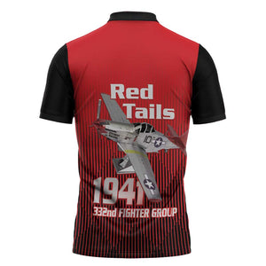 Tuskegee Red Tails Airmen Zipper Polo Shirt P-51 Mustang 332nd Fighter Group - Black Red