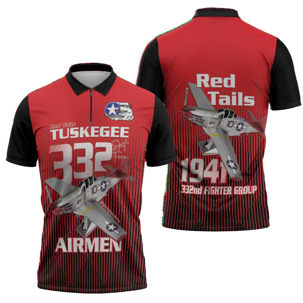 Tuskegee Red Tails Airmen Zipper Polo Shirt P-51 Mustang 332nd Fighter Group - Black Red