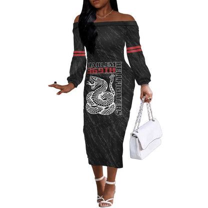 Harlem Hellfighters Off The Shoulder Long Sleeve Dress Harlem Rattlers - Don't Tread on Me - African Pride