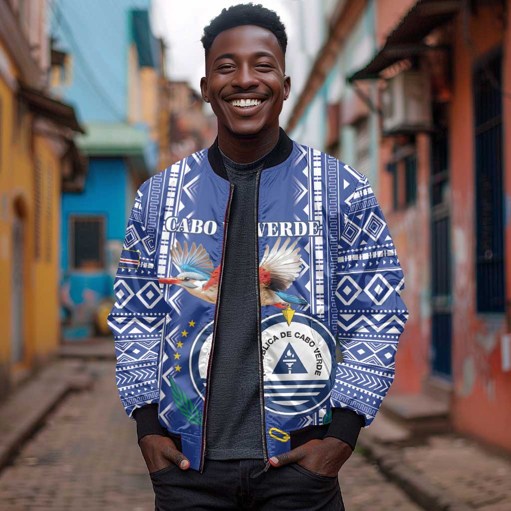 Personalised Cape Verde Sleeve Zip Bomber Jacket Grey Headed Kingfisher - Coat Of Arms